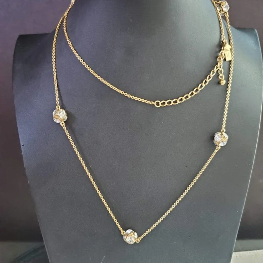 Kate Spade Lady Marmalade Gold Plate Clear Crystal Station Long Necklace Sparkly